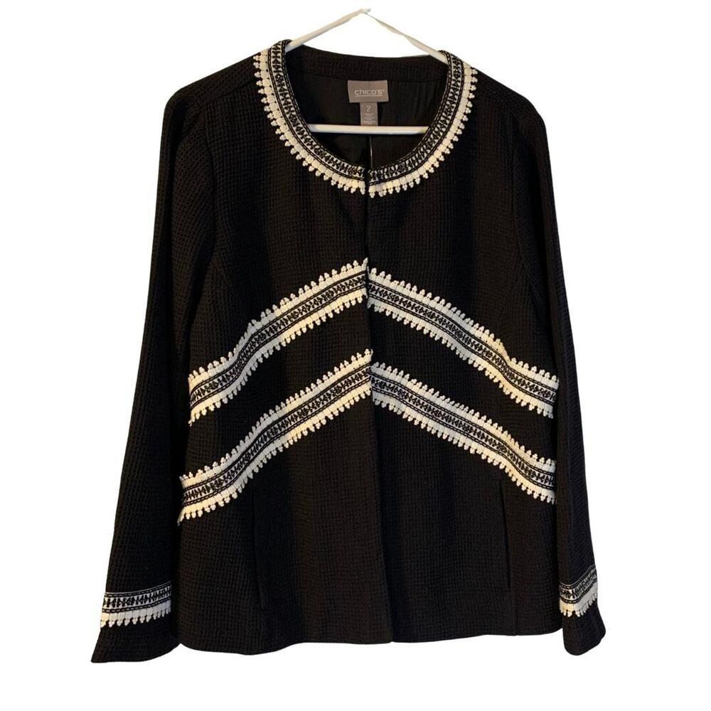Chico's Women's Cotton Waffle Knit Jacket Size L 12 14 Black Crochet Trim Beaded